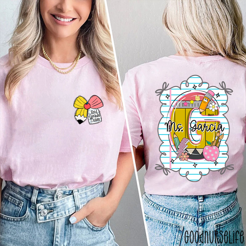 Personalized Grade And Name Pencil Bow Initials Teacher Two Sided T-Shirt