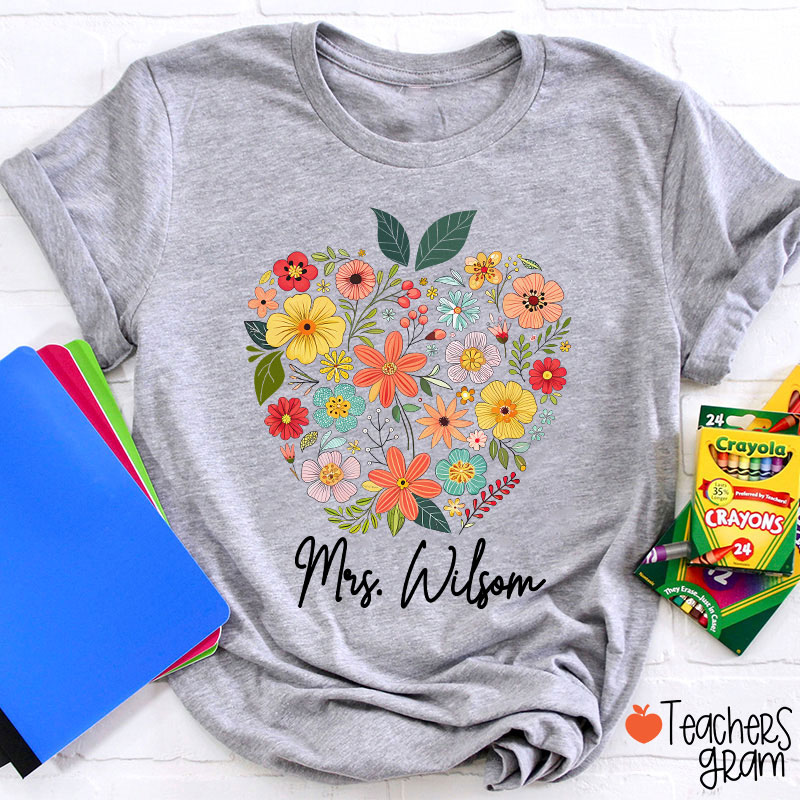 Personalized Floral Apple Name Teacher T-Shirt