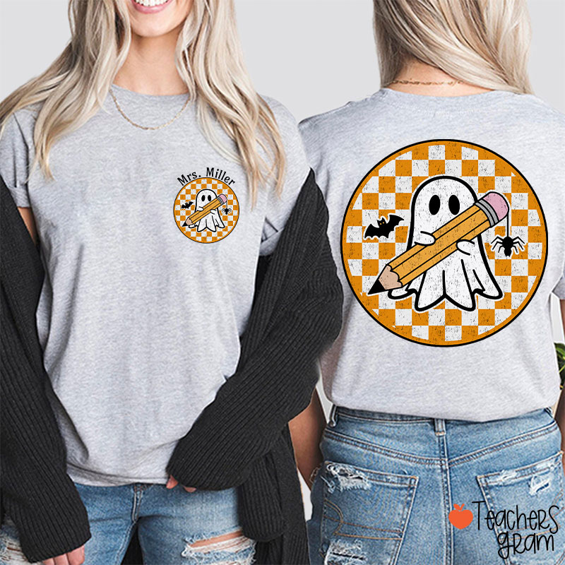 Personalized Name Circle Checkered Ghost Teacher Two Sided T-Shirt