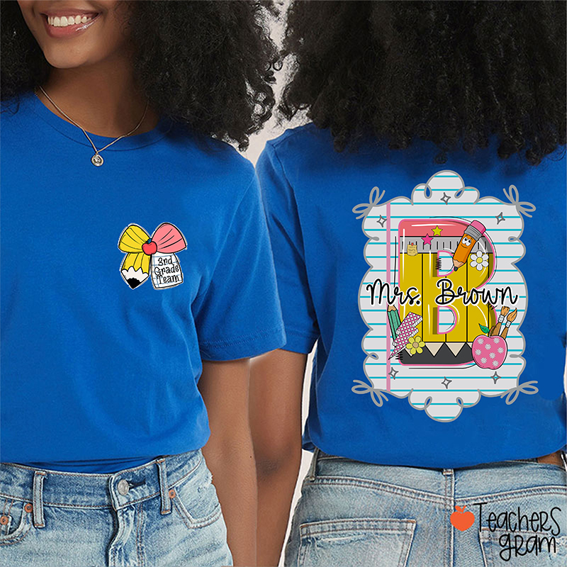 Personalized Grade And Name Pencil Bow Initials Teacher Two Sided T-Shirt