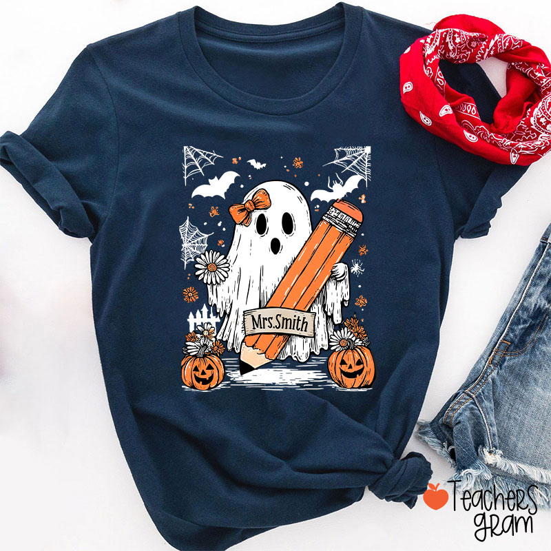 Personalized Name Cute Ghost Floral Halloween Teacher T-Shirt