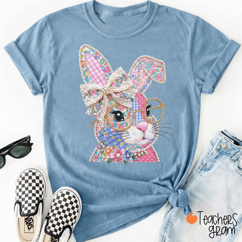 Faux Patchwork Bunny Teacher T-Shirt