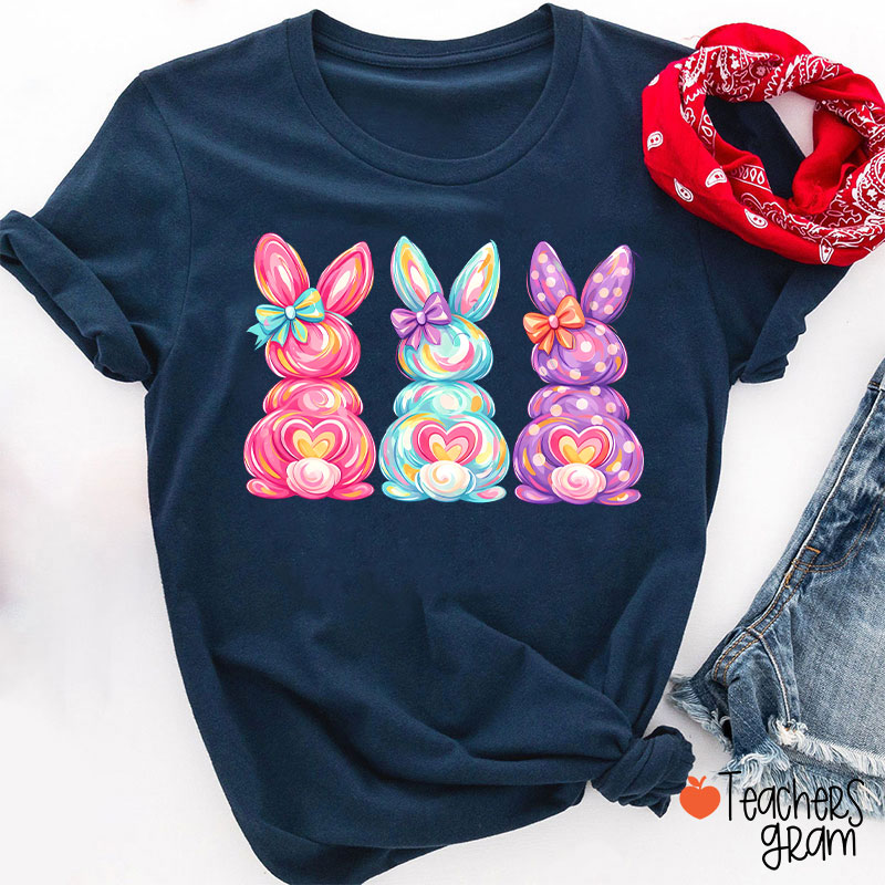 Bright Color Bunnies Easter Vibe Teacher T-Shirt