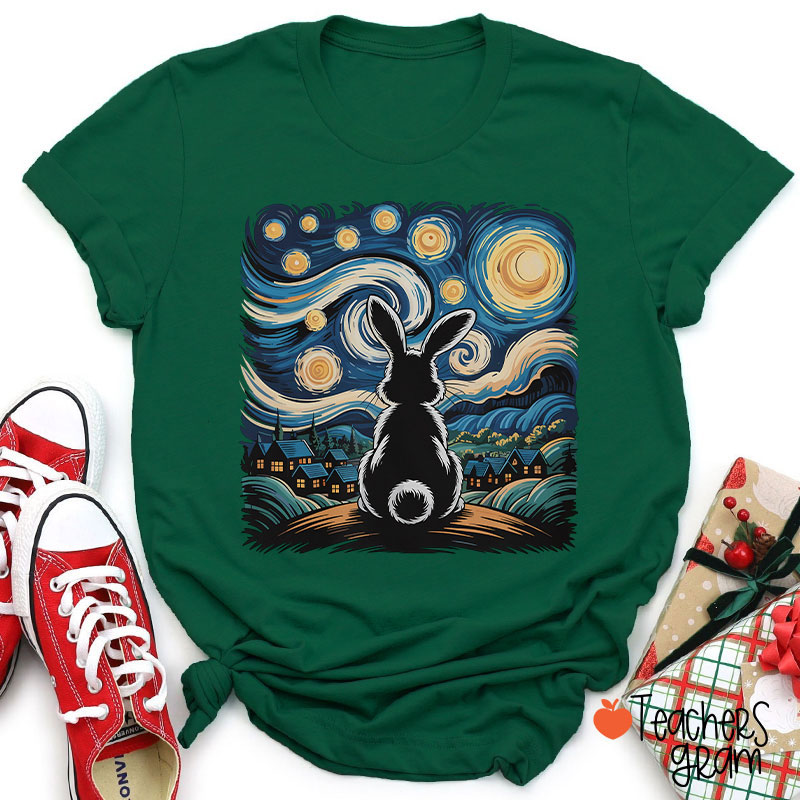 Starry Night Van Gogh Rabbit Teacher T-Shirt