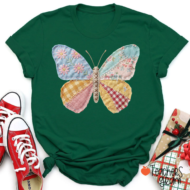 Faux Patchwork Butterfly Teacher T-Shirt