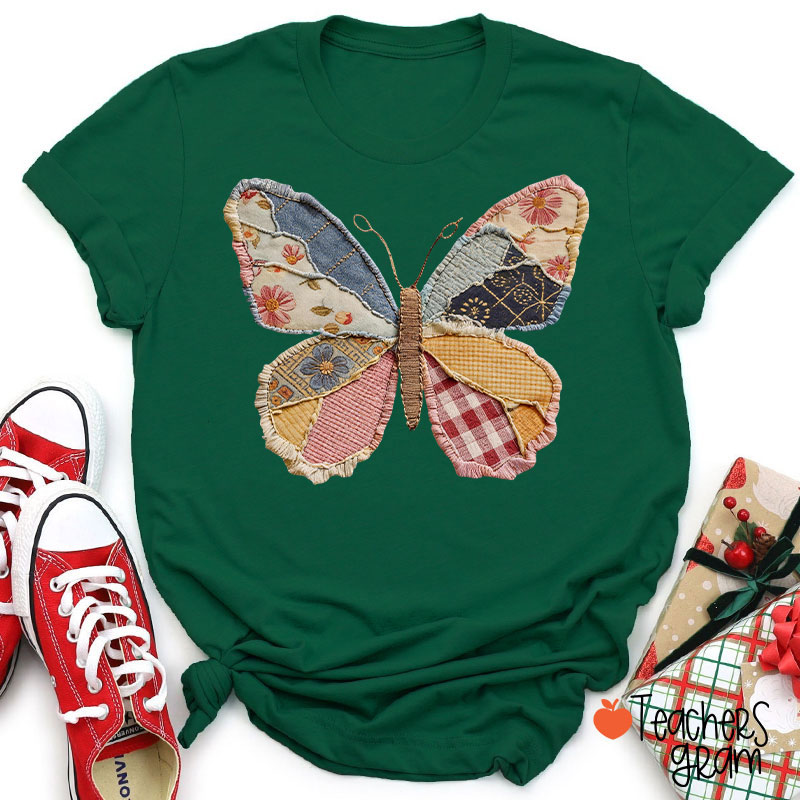 Faux Patchwork Butterfly Teacher T-Shirt