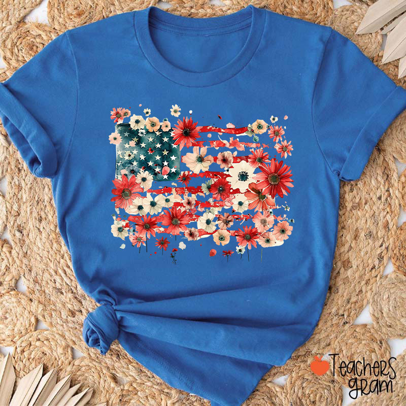 American Flag Floral Teacher T-Shirt
