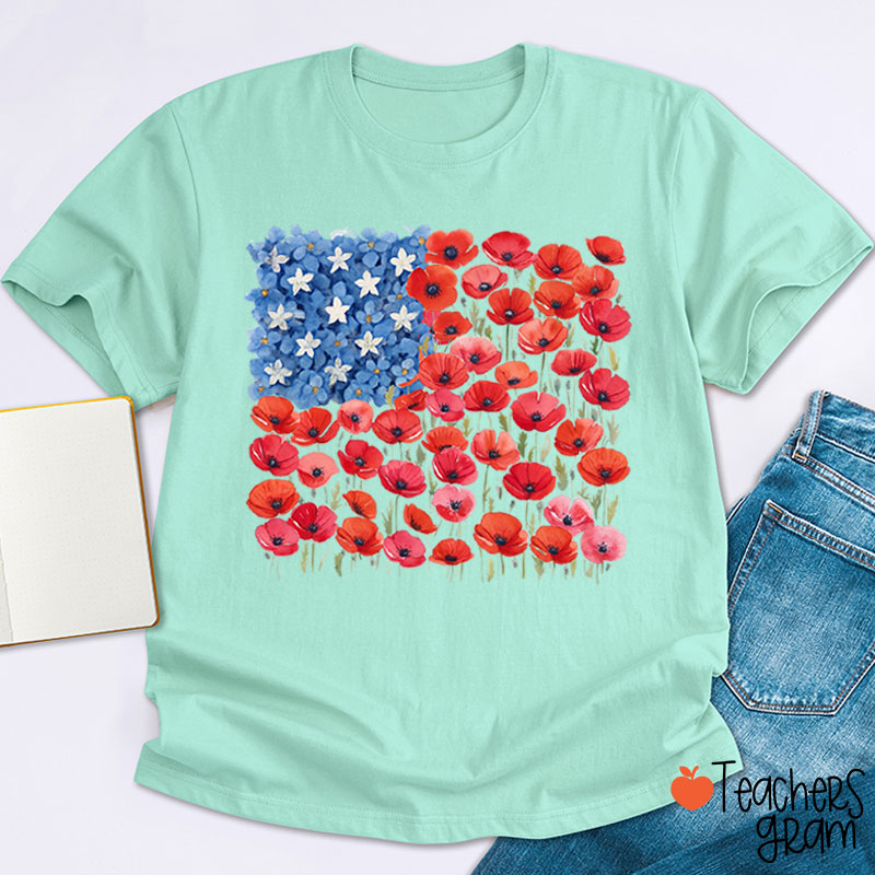 Floral USA Flag 250th Anniversary Teacher T-Shirt
