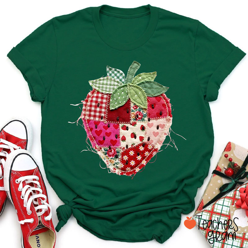 Faux Patchwork Strawberry Teacher T-Shirt
