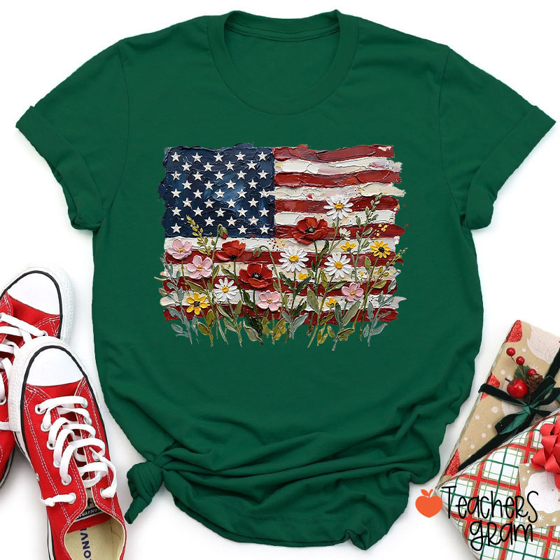 American Flag Floral Teacher T-Shirt