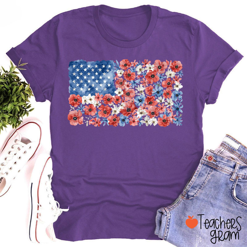 Vintage Floral USA Flag Teacher T-Shirt