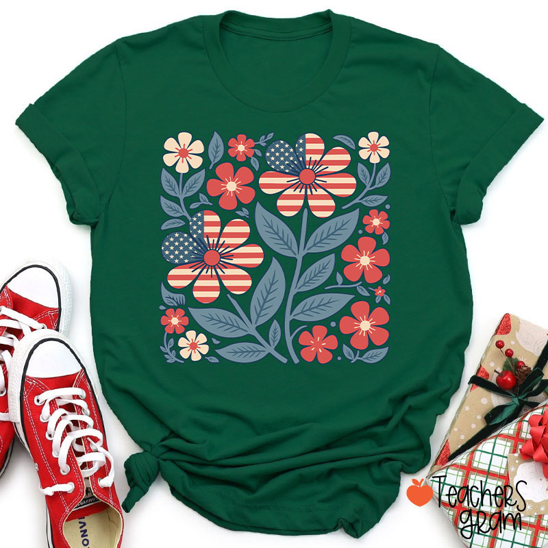 Boho Patriotic Daisy Teacher T-Shirt