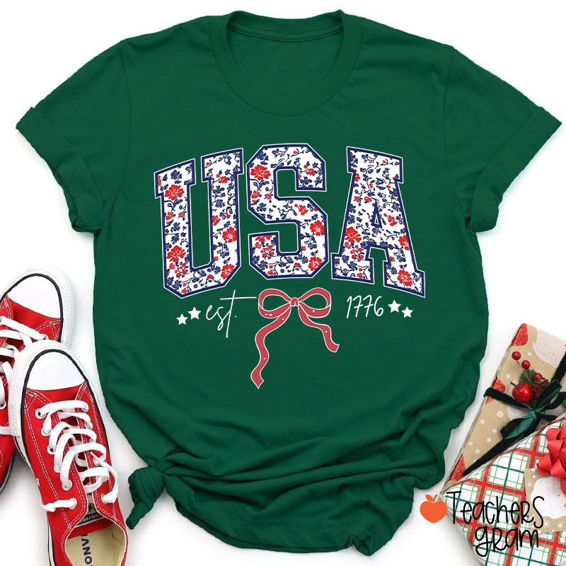 Floral USA Coquette Patriotic Teacher T-Shirt