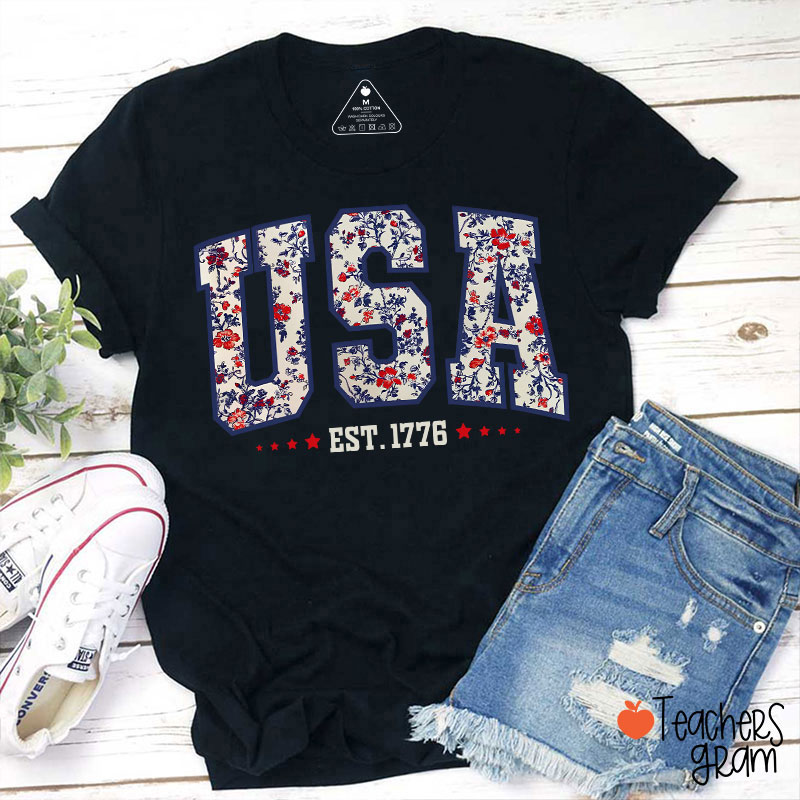 Retro Floral USA Teacher T-Shirt