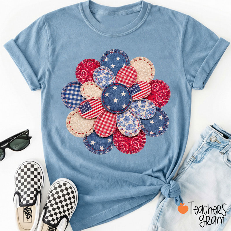 Faux Patchwork American Flag Flower Teacher T-Shirt