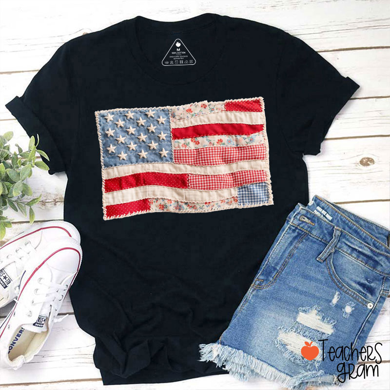 Faux Patchwork American Flag Teacher T-Shirt