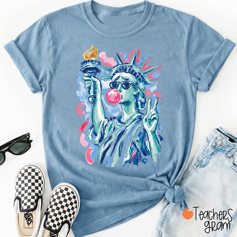 Preppy Statue Of Liberty Blowing Bubble Teacher T-Shirt