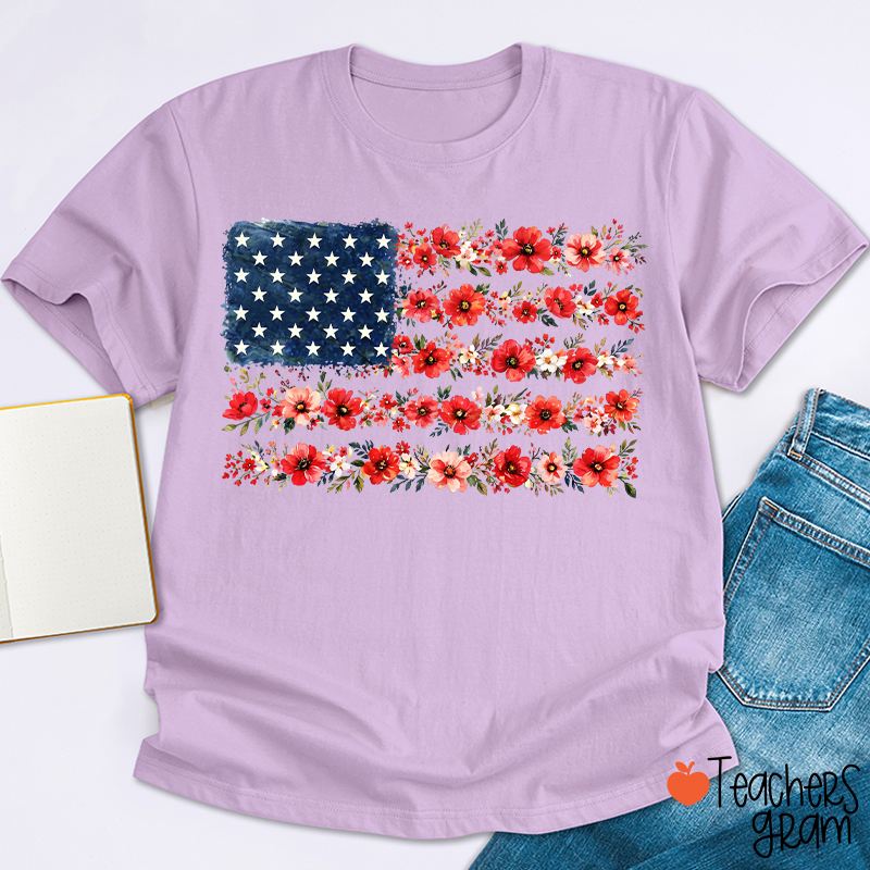 American Flag Wild Flower Teacher T-Shirt