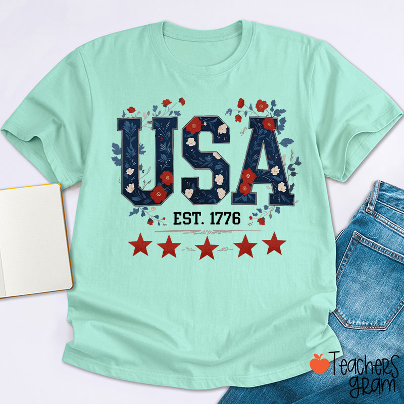 Floral USA Est 1776 Teacher T-Shirt