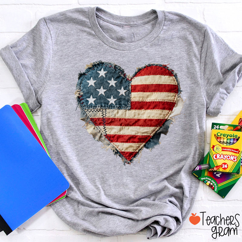 Faux Patchwork American Flag Heart Teacher T-Shirt