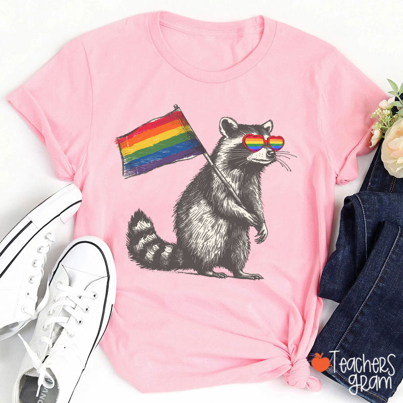 Funny Raccoon Rainbow Flag Pride Teacher T-Shirt