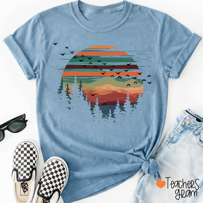 Retro Mountain Sunset Forest And Birds Teacher T-Shirt