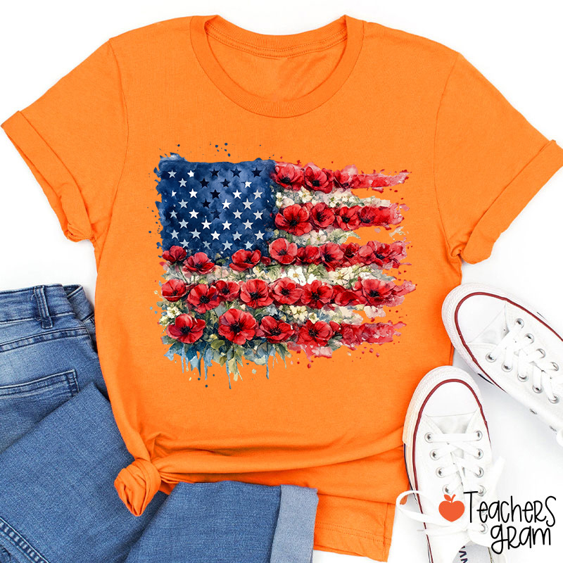 4th Of July Floral American Flag Teacher T-Shirt