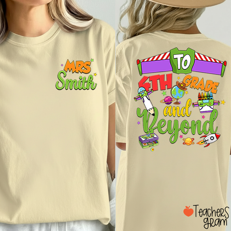 Personalized Grade Cartoon School Supply Rocket Teacher Two Sided T-Shirt
