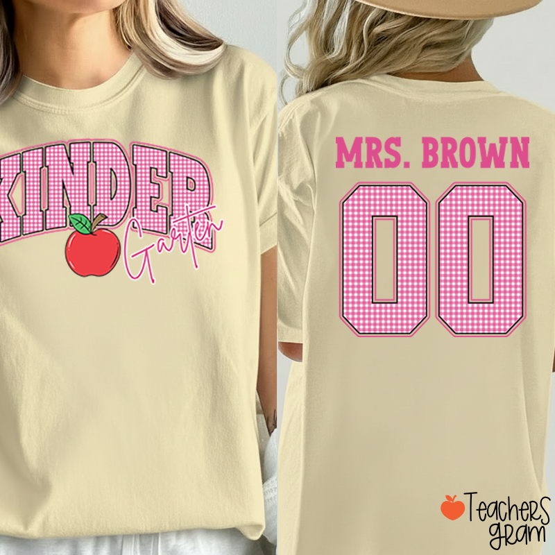 Personalized Grade And Name Checkered Letter Apple Teacher Two Sided T-Shirt
