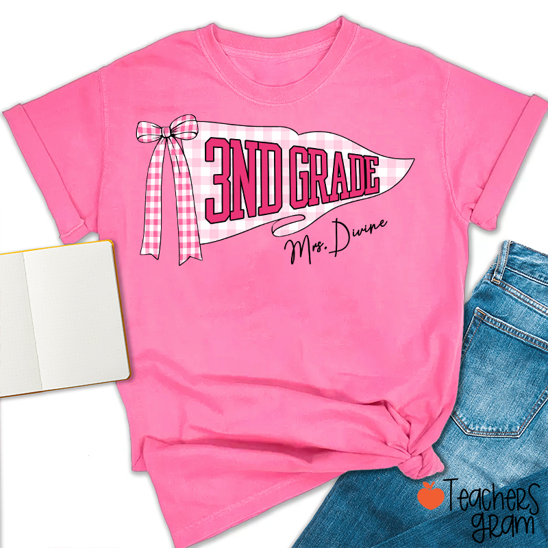 Personalized Grade And Name Gingham Bow Pennant Teacher T-Shirt