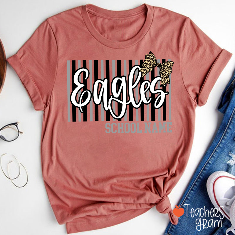 Personalized School Mascot Stripe Leopard Bow Teacher T-Shirt