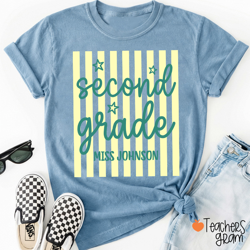 Personalized Grade Blue Gingham Stripes Teacher T-Shirt