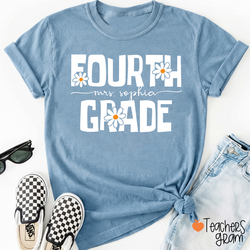 Personalized Name And Grade Daisy Floral Teacher T-Shirt
