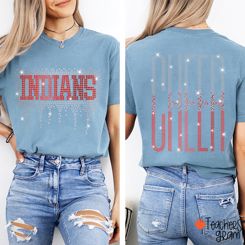 Personalized Mascot Cheer Drip Faux Rhinestone Teacher  Two Sided T-Shirt