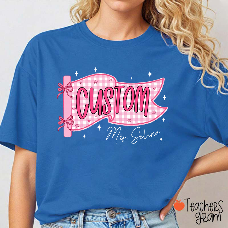 Personalized Name And Grade Gingham Pennant Bow Star Teacher T-Shirt