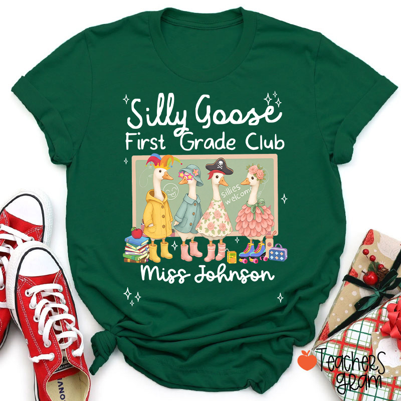 Personalized Grade Name Silly Goose Cartoon Classroom Print Teacher T-Shirt