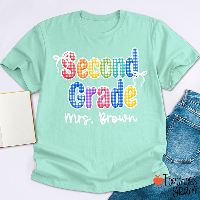 Personalized Grade Name Rainbow Gingham Teacher T-Shirt