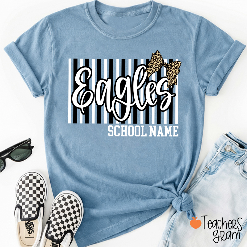 Personalized School Mascot Stripe Leopard Bow Teacher T-Shirt