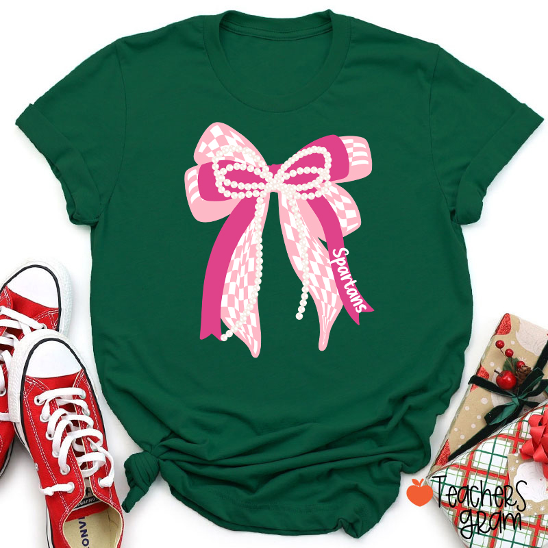 Personalized Mascot Cute Bow School Spirit Graphic Teacher T‑Shirt