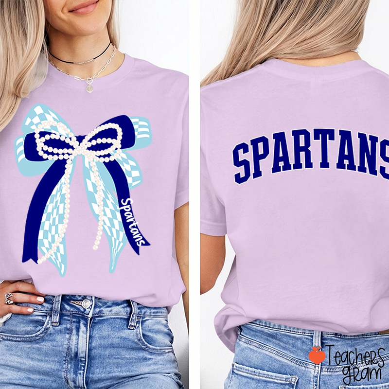 Personalized Mascot Varsity Curved Bow Theme Teacher Two Sided T-Shirt