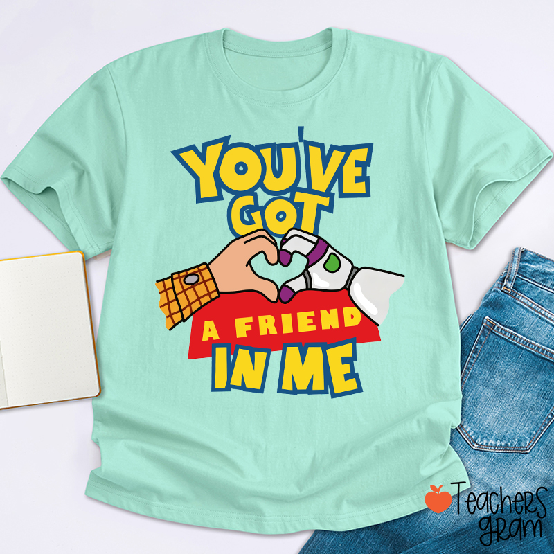 You've Got A Friend In Me Cartoon Cowboy Astronaut Hand Heart Friendship Teacher T-Shirt