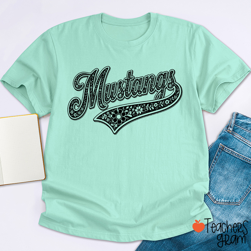 Personalized Mascot Floral Script Teacher T-Shirt