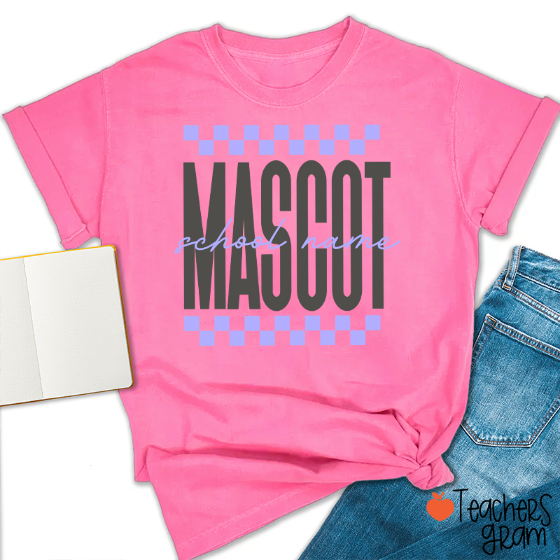 Personalized Mascot Sport Checkered Script Teacher T-Shirt