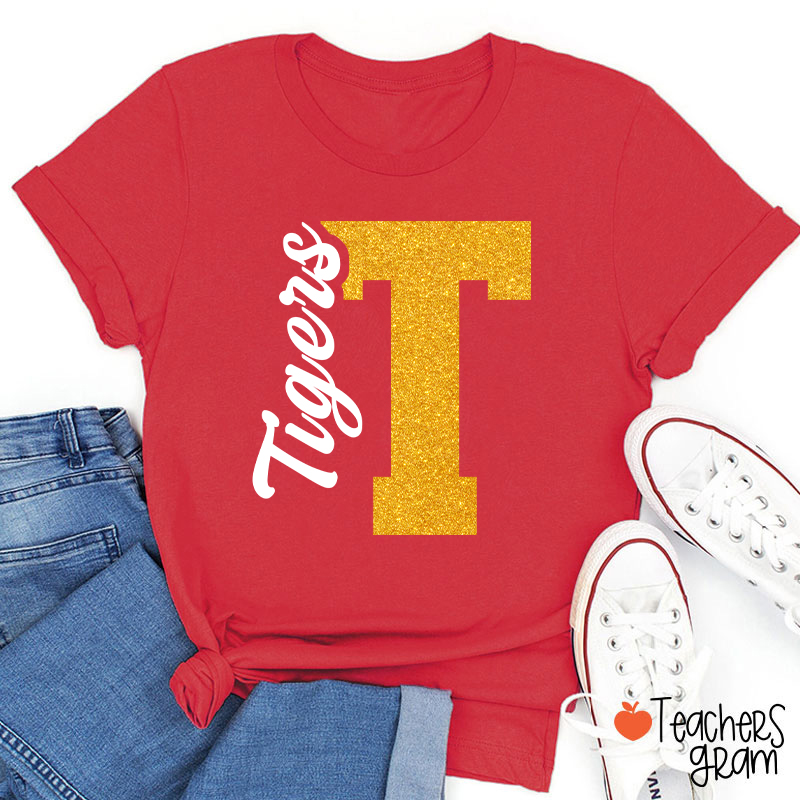 Personalized Mascot Initial Glitter Print Puff Printed Teacher T‑Shirt