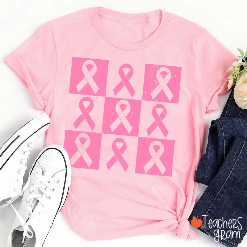 Pink Ribbon Breast Cancer Awareness Teacher T-Shirt