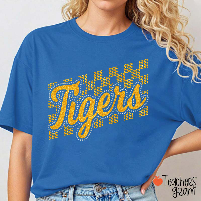 Personalized Mascot Glitter Checkered Script Teacher T‑Shirt