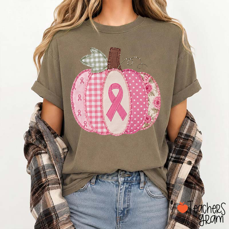 Pink Faux Patchwork Pumpkin Ribbon Teacher T‑Shirt