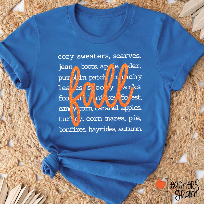 Glitter Fall Autumn Word List Teacher T‑Shirt