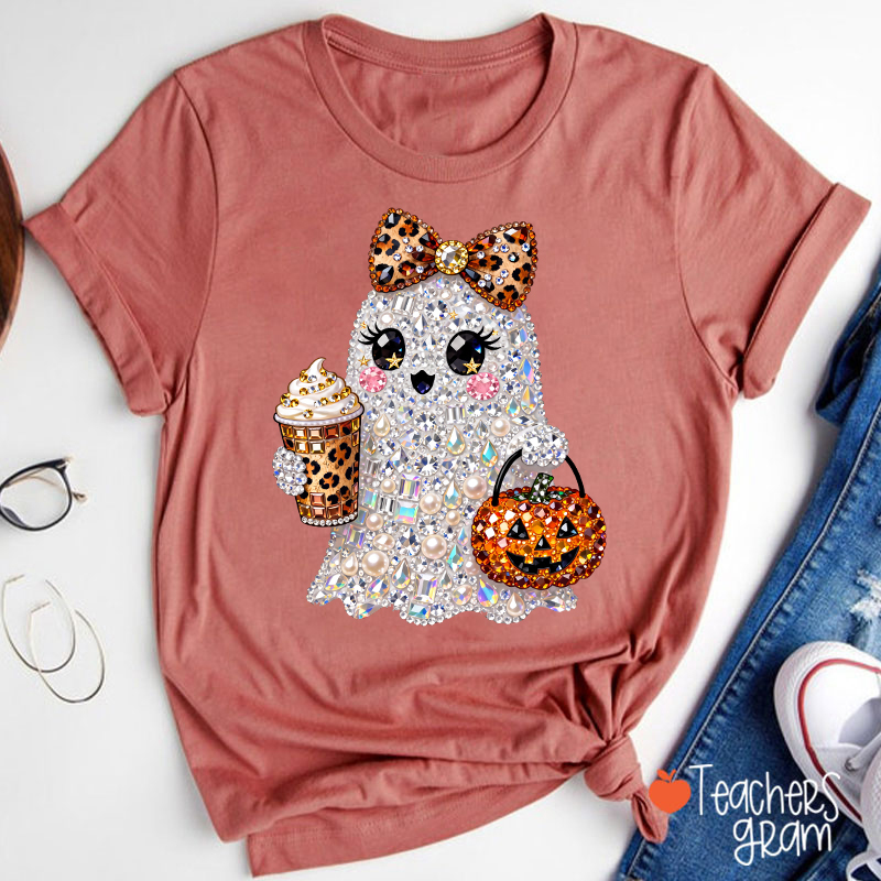 Faux Rhinestone Ghost Leopard Bow Coffee Pumpkin Teacher T-Shirt