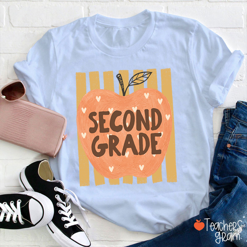 Personalized Grade Heart Apple Vertical Stripe Teacher T-Shirt